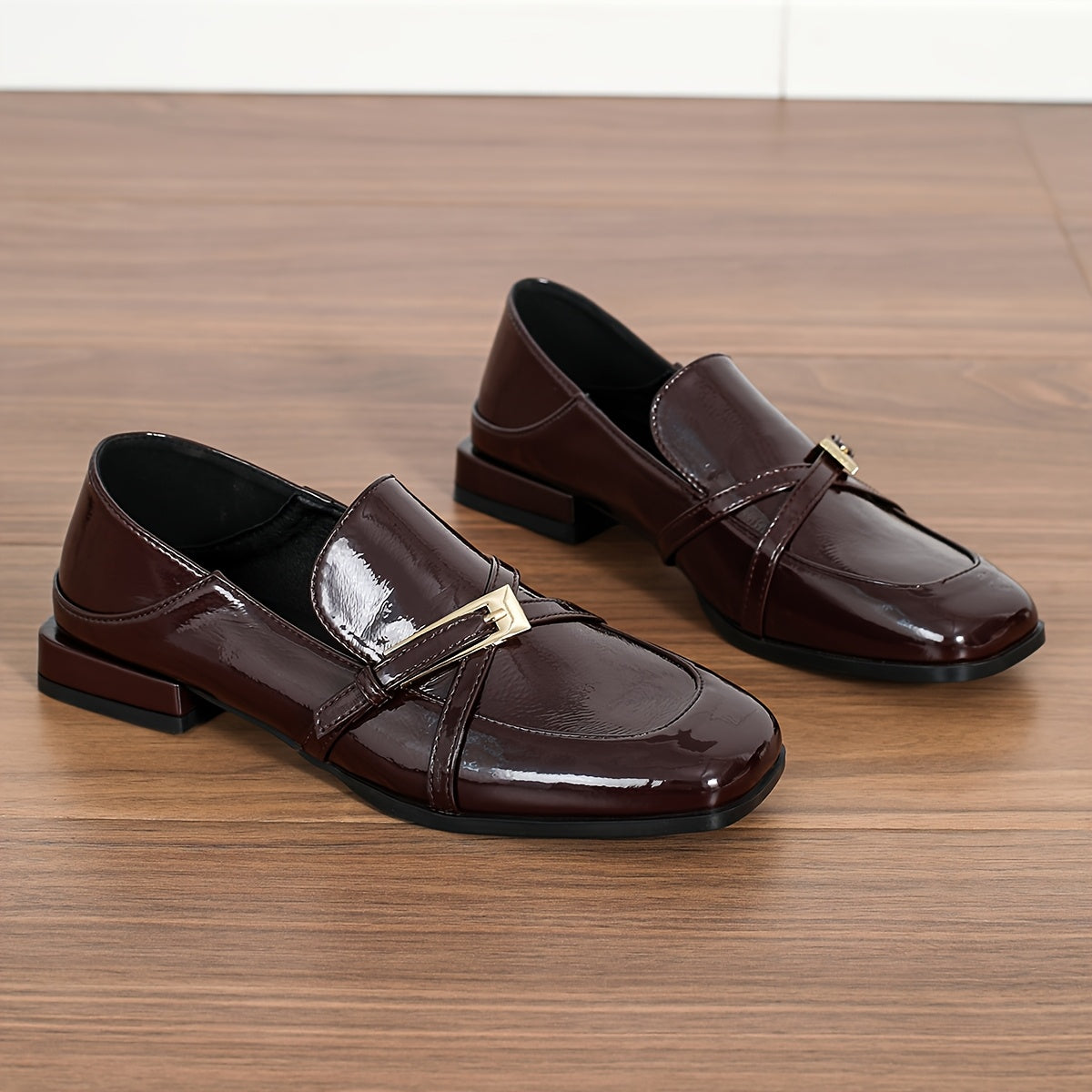 Women's Square Toe Loafers With Ankle Strap Black Synthetic Low Heel