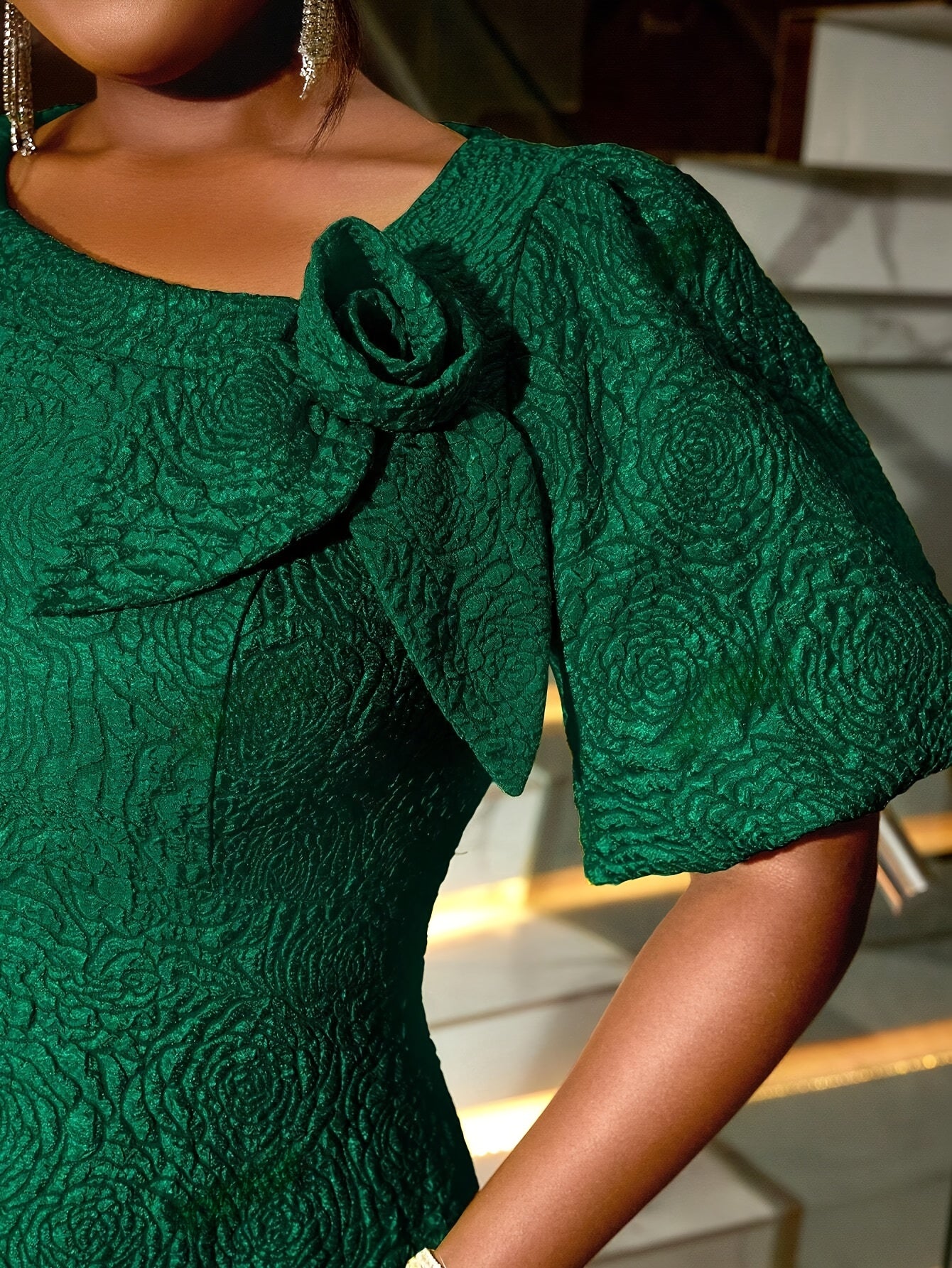 Plus Size Women's Rose Jacquard Flared Sleeve A-Line Skirt Dress for Parties