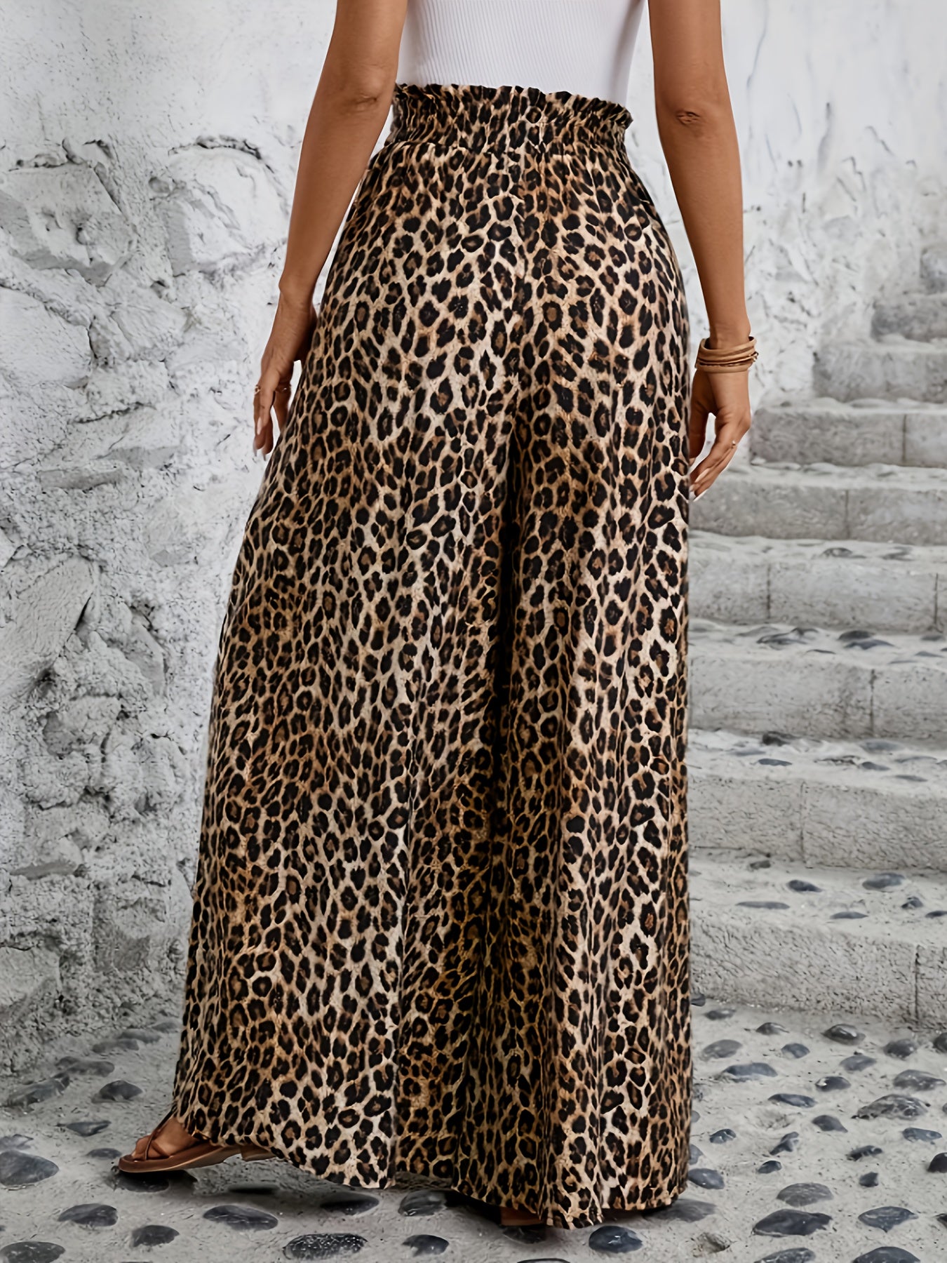 Plus Size Leopard Print Wide-Leg Pantskirt with Pockets and Elastic Waist
