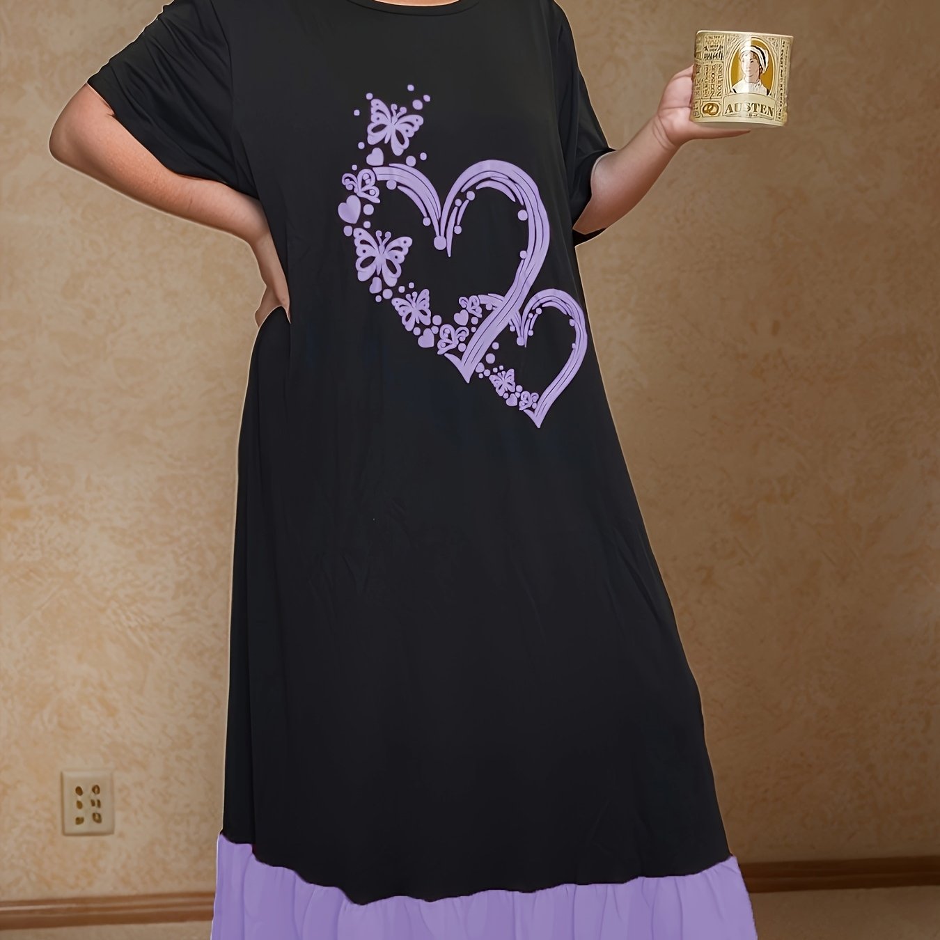 Plus Size Black Chiffon Nightgown with Red Ruffle Hem and Heart