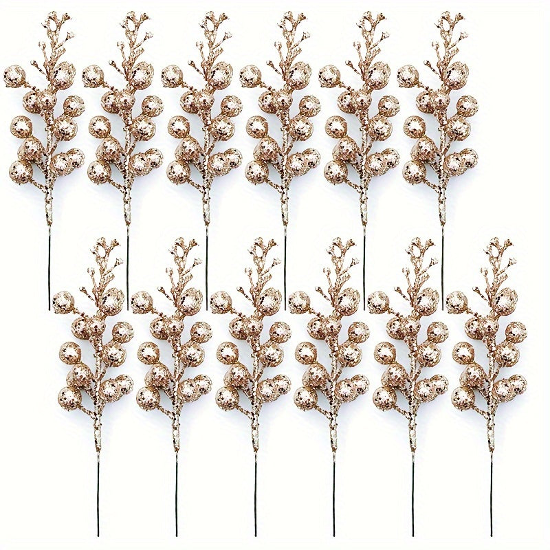 12 Sparkling Christmas Decorations Set with Gold Branches Ornaments Wreaths and Holiday Party Decor