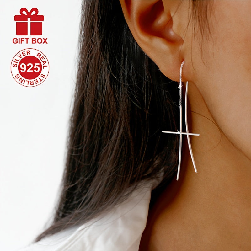 Pendientes largos de plata de ley con borla y hilo de oreja en forma de cruz para mujeres