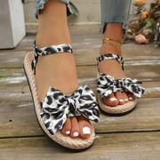 Women's Rhinestone Bow Flat Sandals Leopard Print Open-Toe Beach Shoes