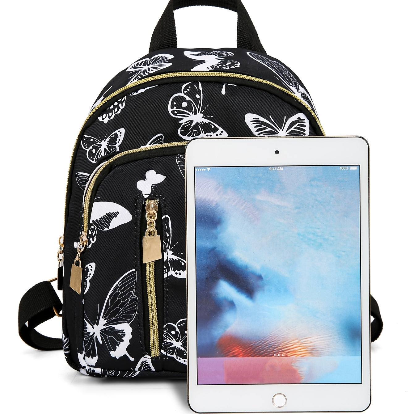 Women's Black Mini Backpack with Butterfly Print Nylon Casual Daypack