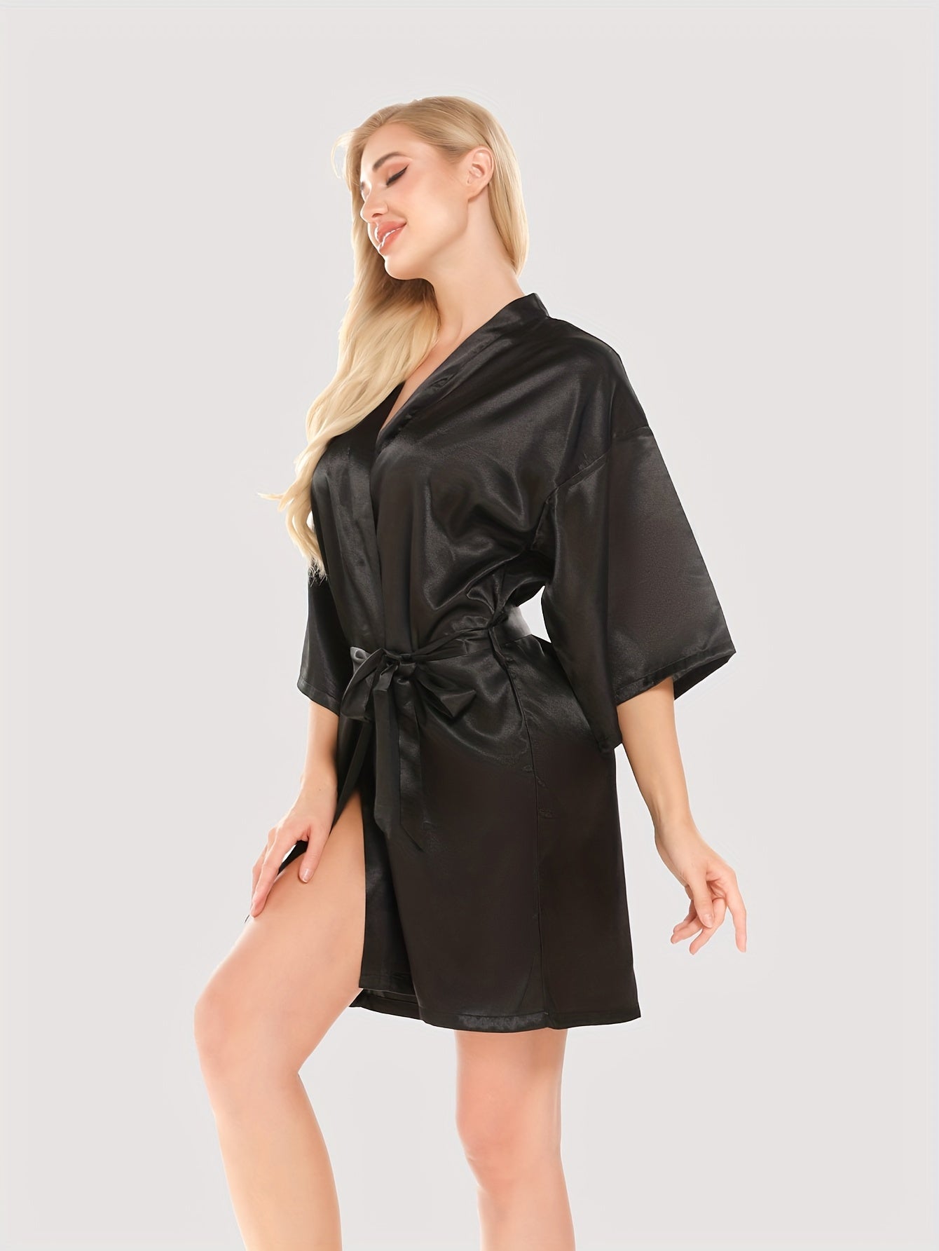Women's Night Robe with Queen Letter Pattern V-Neck 3/4 Sleeves Belt Polyester