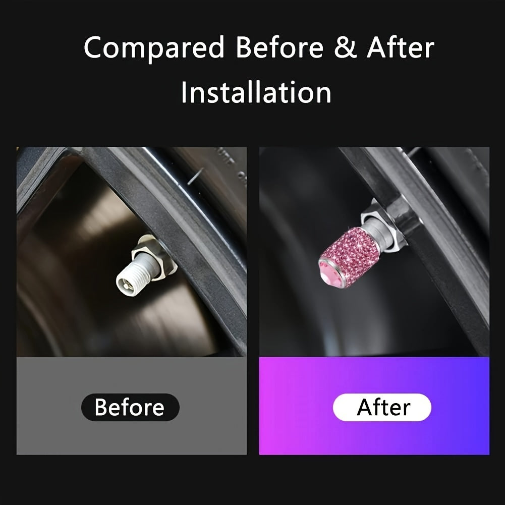 4 Pcs Pink Crystal Rhinestone Car Tire Valve Stem Caps Universal for Cars Trucks