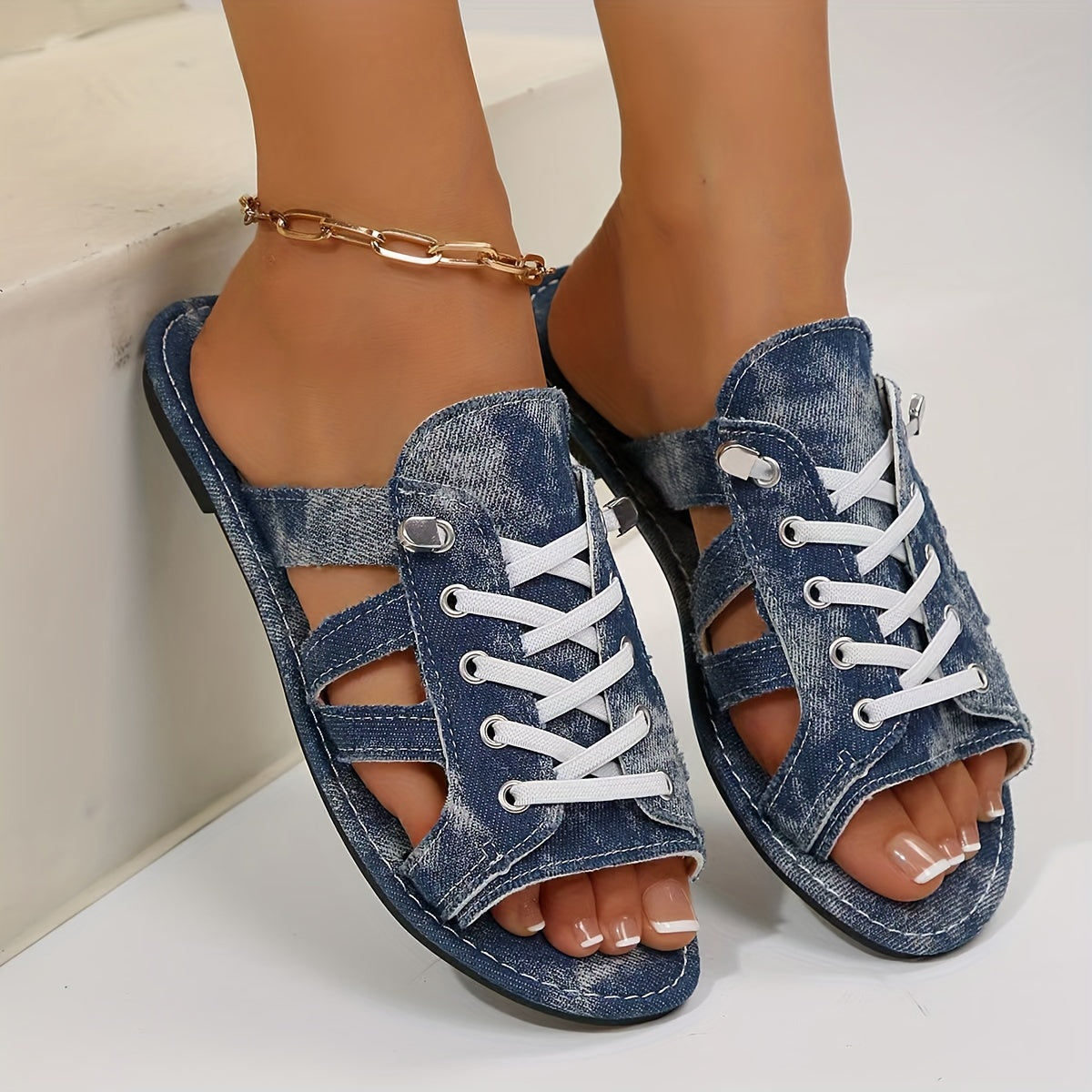 Women Denim Flat Sandals Open Toe Slip-On Casual Shoes for Summer Outdoor