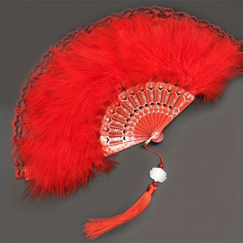 Handcrafted Feather Fan with Lace Edge and Jade Accent for Performances