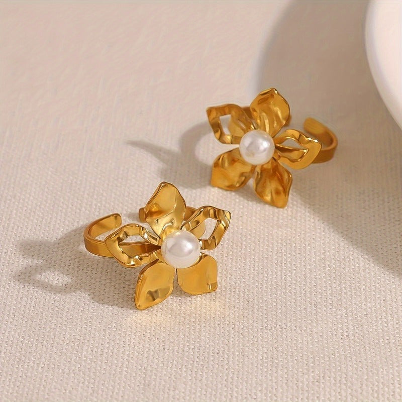 Women’s Titanium Steel Ring with Open Flower Design and Imitation Pearl