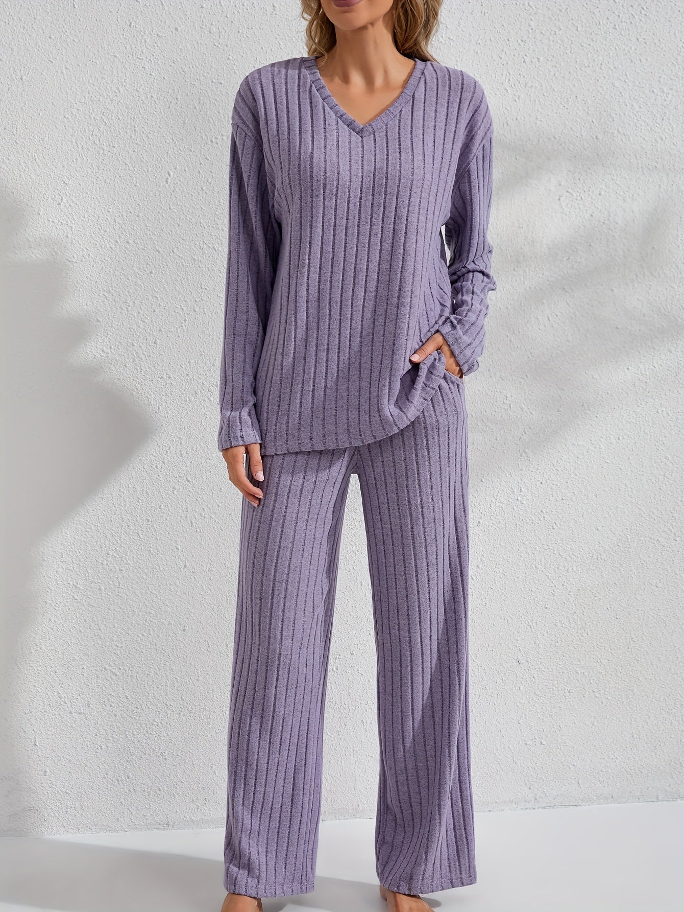 Women's Long Sleeve Pajama Set with Pants for Autumn Winter Solid Color Micro Elastic Polyester