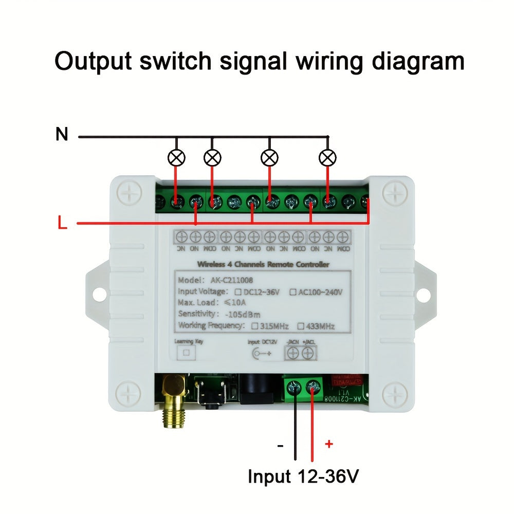 4-Channel RF Wireless Remote Control for Switches with Metal Transmitter 433MHz 10A