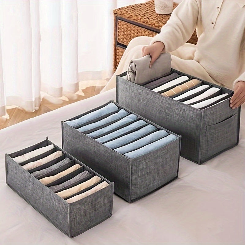 Foldable Clothing Organizer with 7 Compartments, Polyester Canvas, Transparent Mesh