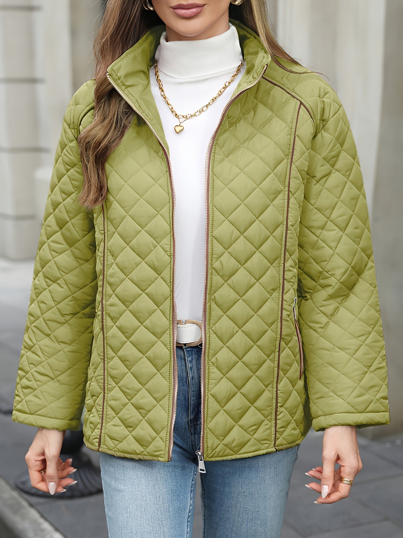 Women's Plus Size Quilted Outerwear with Stand Collar Zipper Long Sleeve Fall Winter
