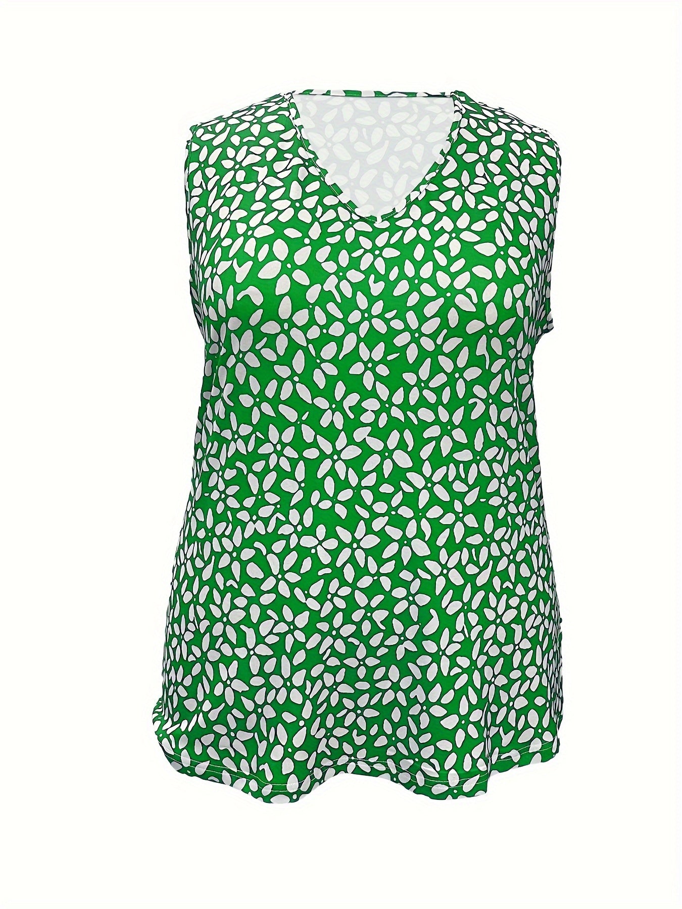 Women's V-Neck Sleeveless Tank Top Green White Floral Breathable Fabric