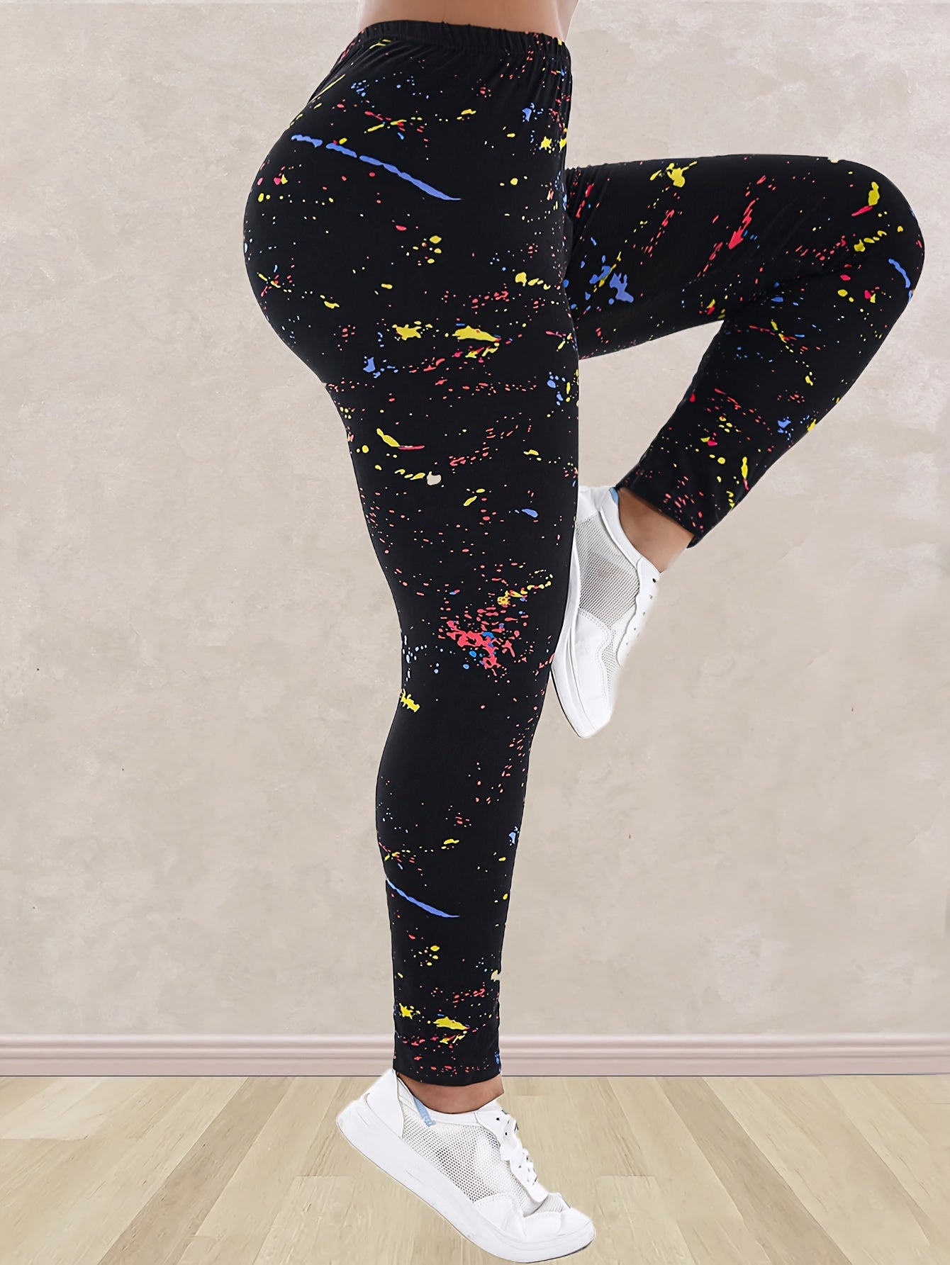 Women's Plus Size Cropped Leggings Black Ink Print High Waist Stretchy Sportswear