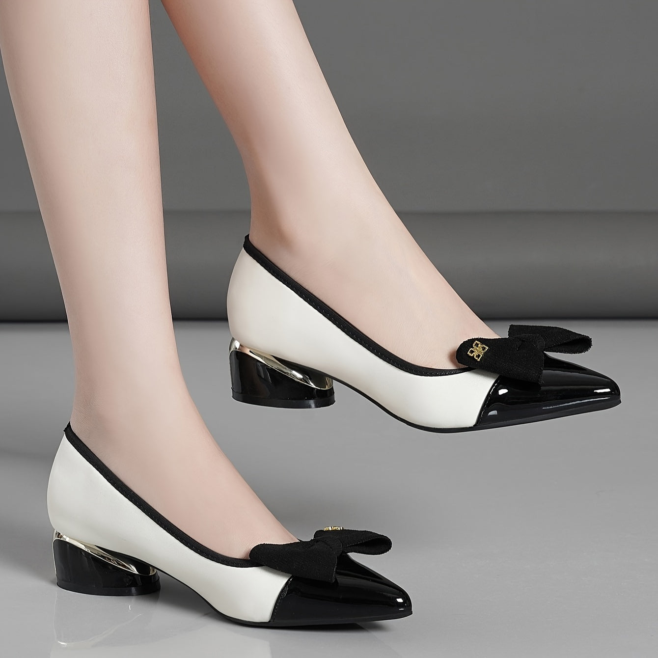 Women's Chunky Block Heel Shoes with Bowknot Decor Pointed Toe Slip-On Dress Pumps