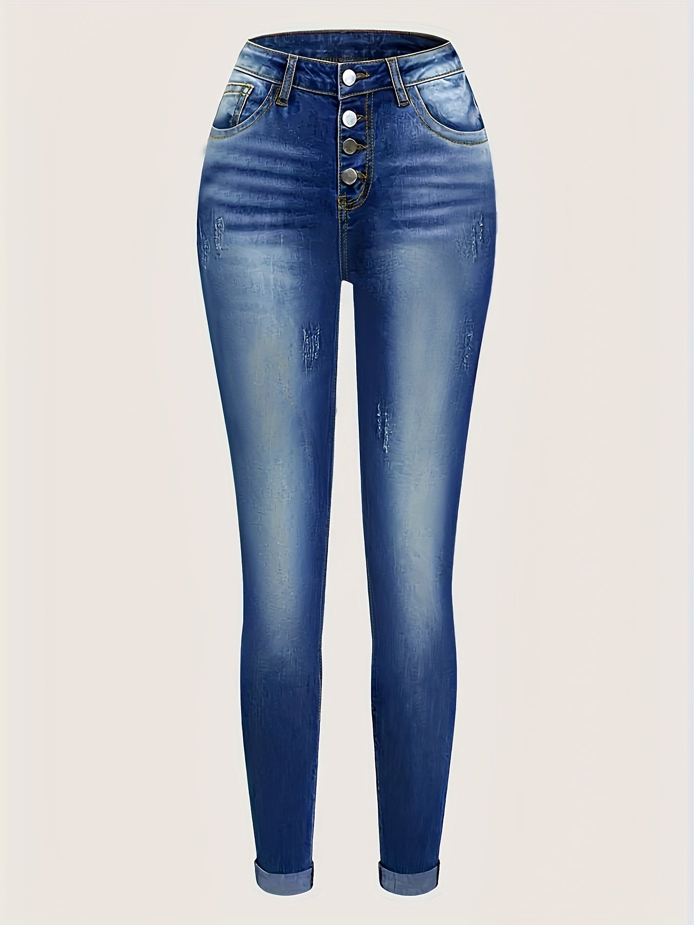 Plus Size Blue Vintage-Style High-Waist Jeans With Rolled Hem
