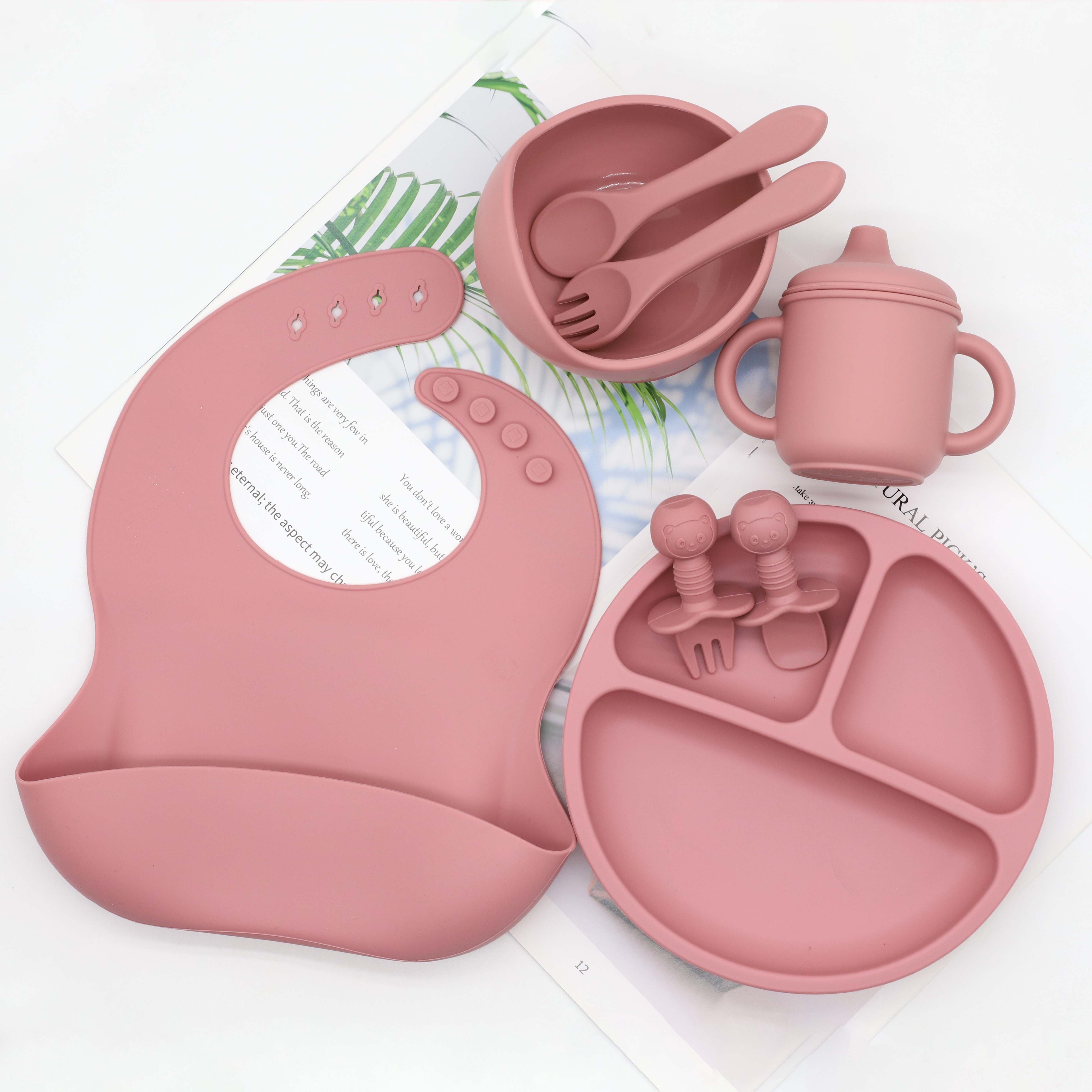 Set of 8 Food Grade Silicone Baby Tableware Including Bib Plate Bowl Cup Spoon Fork Gift