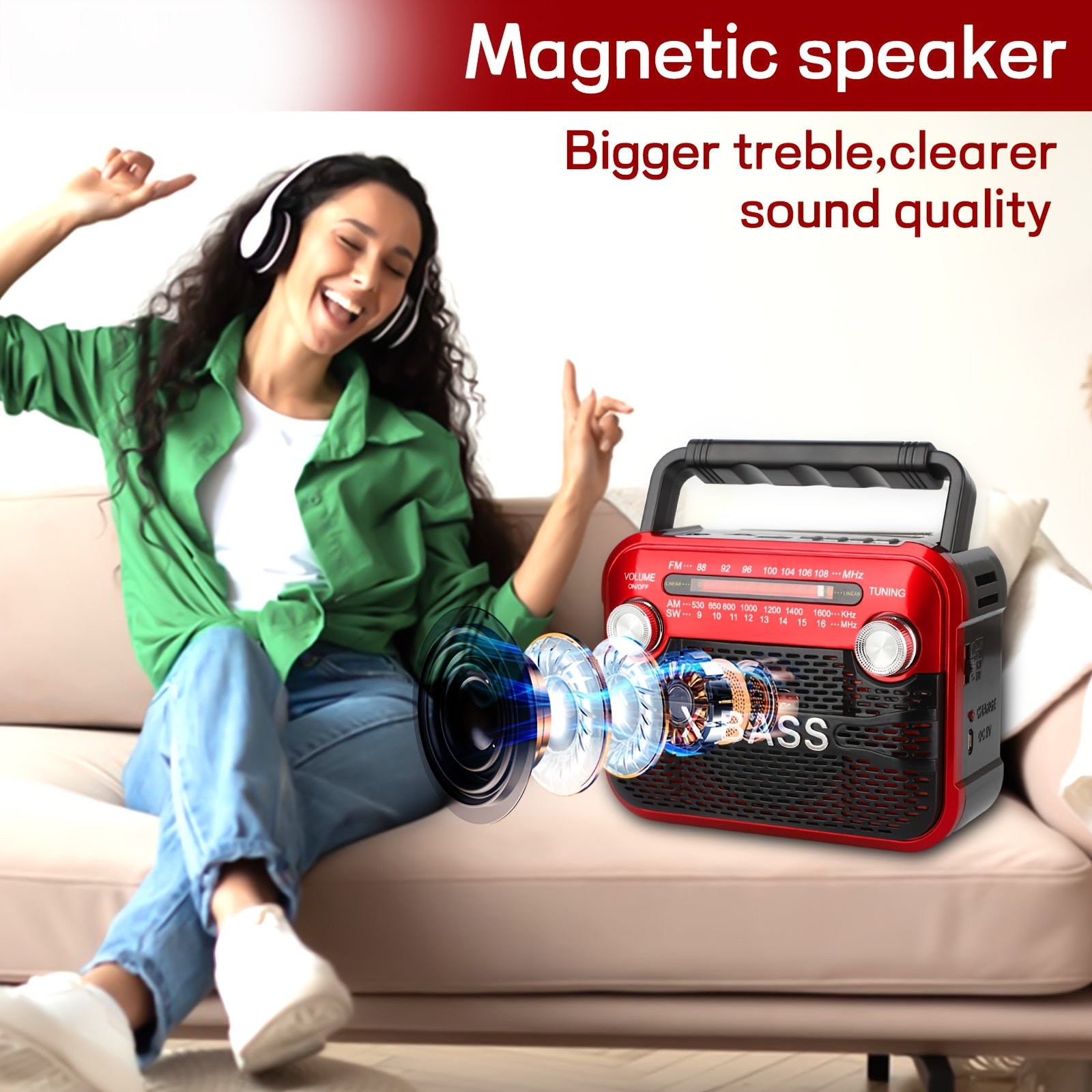 Portable FM Radio with Flashlight Rechargeable Battery USB TF BT Multi-Band Indoor Outdoor Red Black