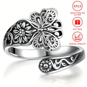 Sterling Silver Butterfly Flower Carved Ring with 18k Gold Plating for Women