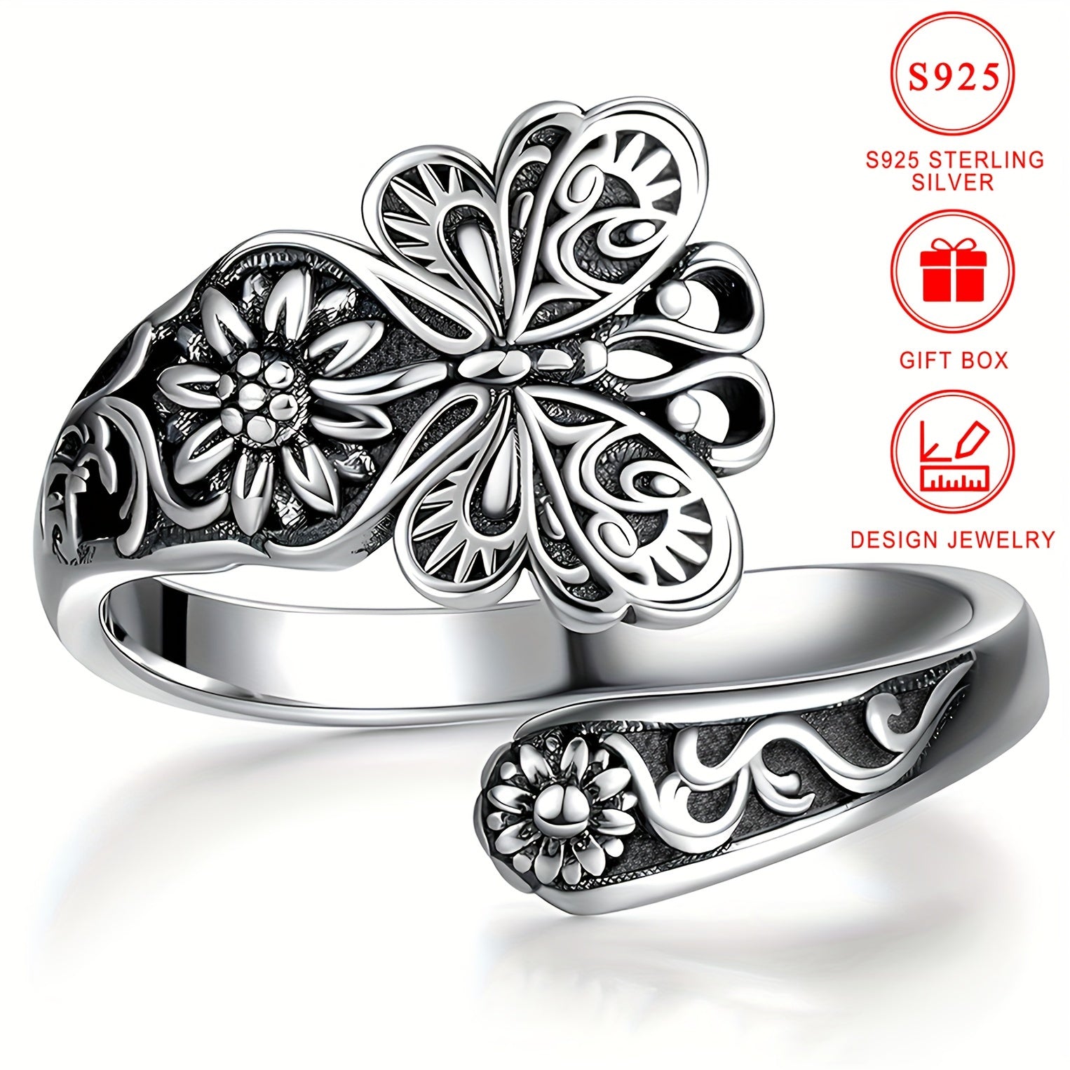Sterling Silver Butterfly Flower Carved Ring with 18k Gold Plating for Women