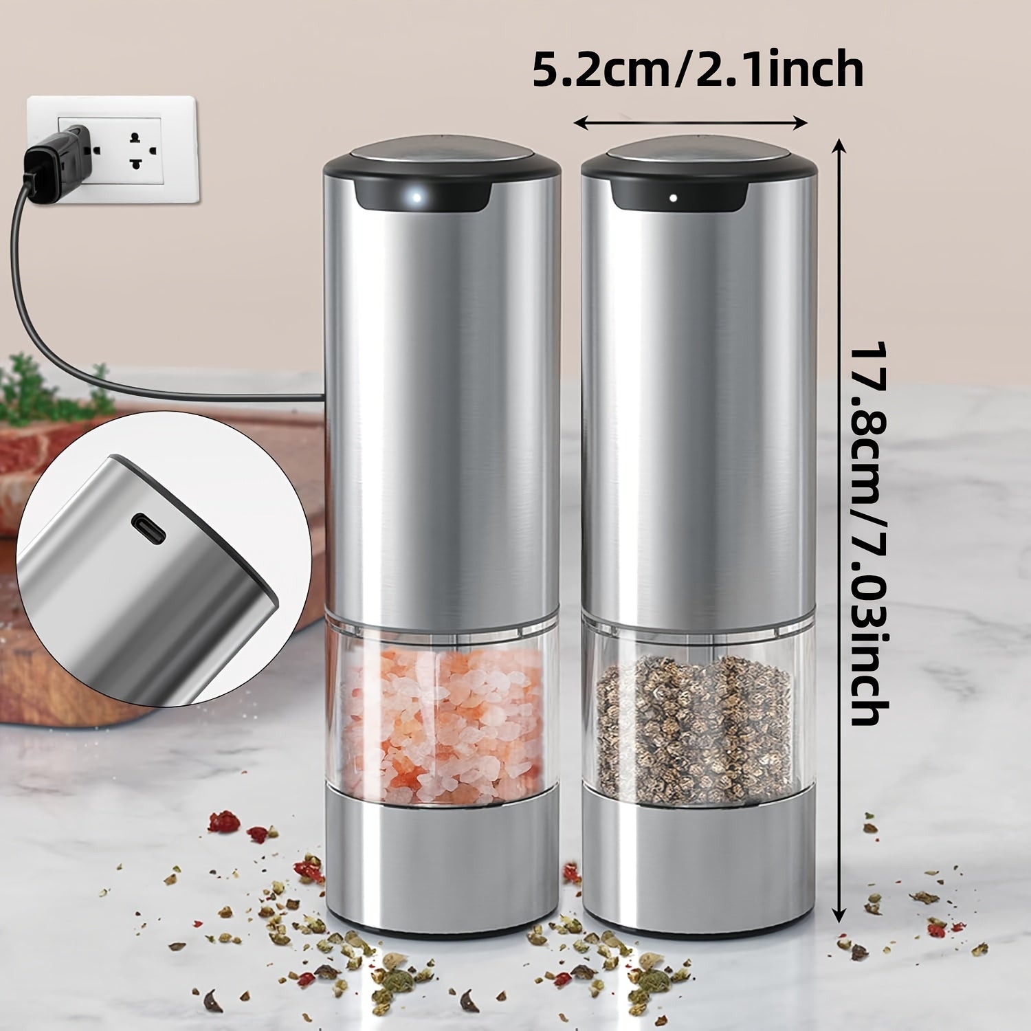 Electric salt and pepper grinder set stainless steel