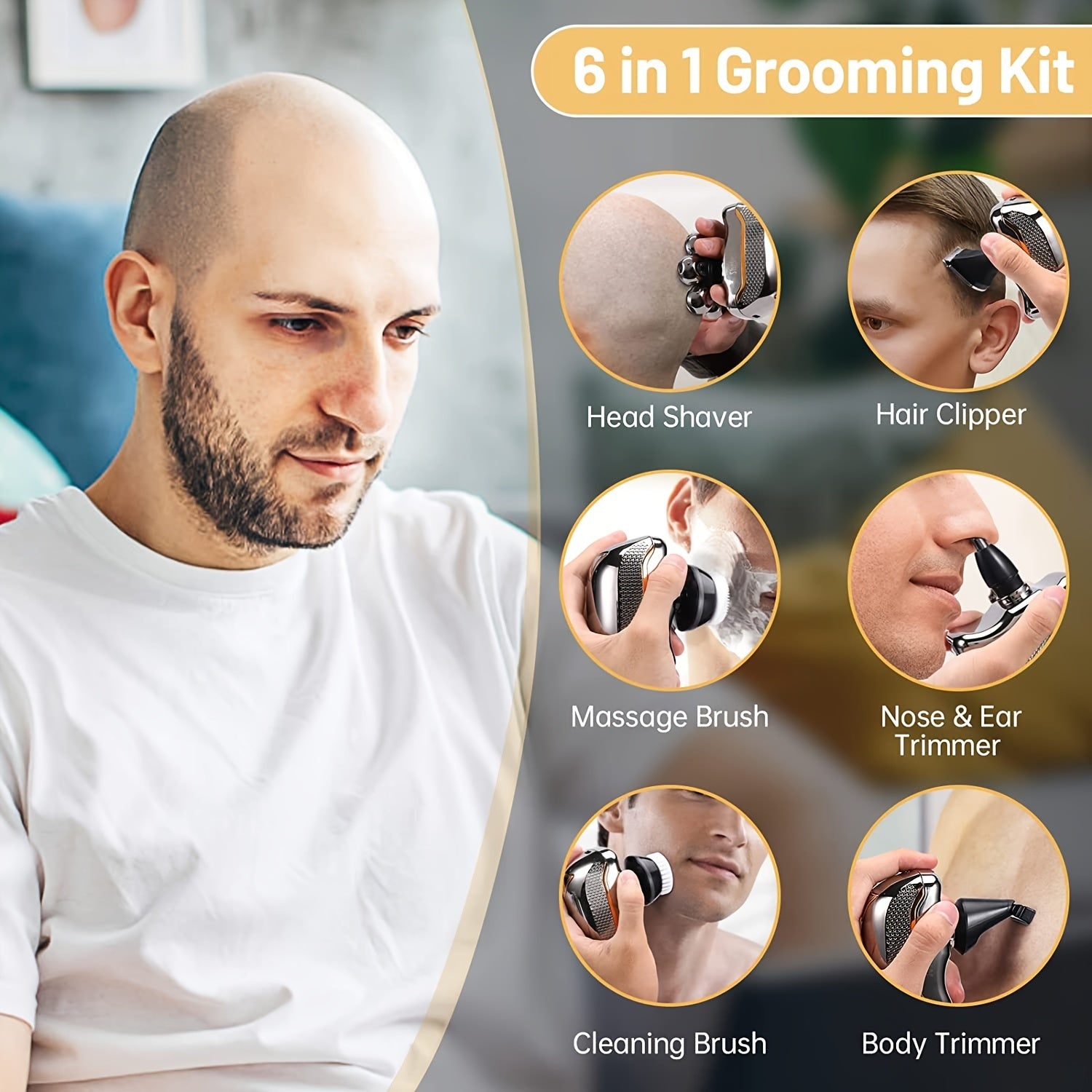 Мужской перезаряжаемый беспроводной электронный головной бритвенный прибор с 7 вращающимися головками, подходит для лысых мужчин.