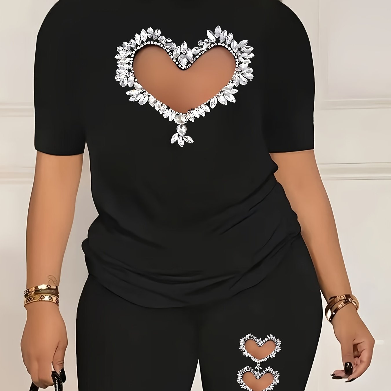 Women's Plus Size Heart Print Casual 2-Piece Set Short Sleeve Top and Shorts Polyester Elastane