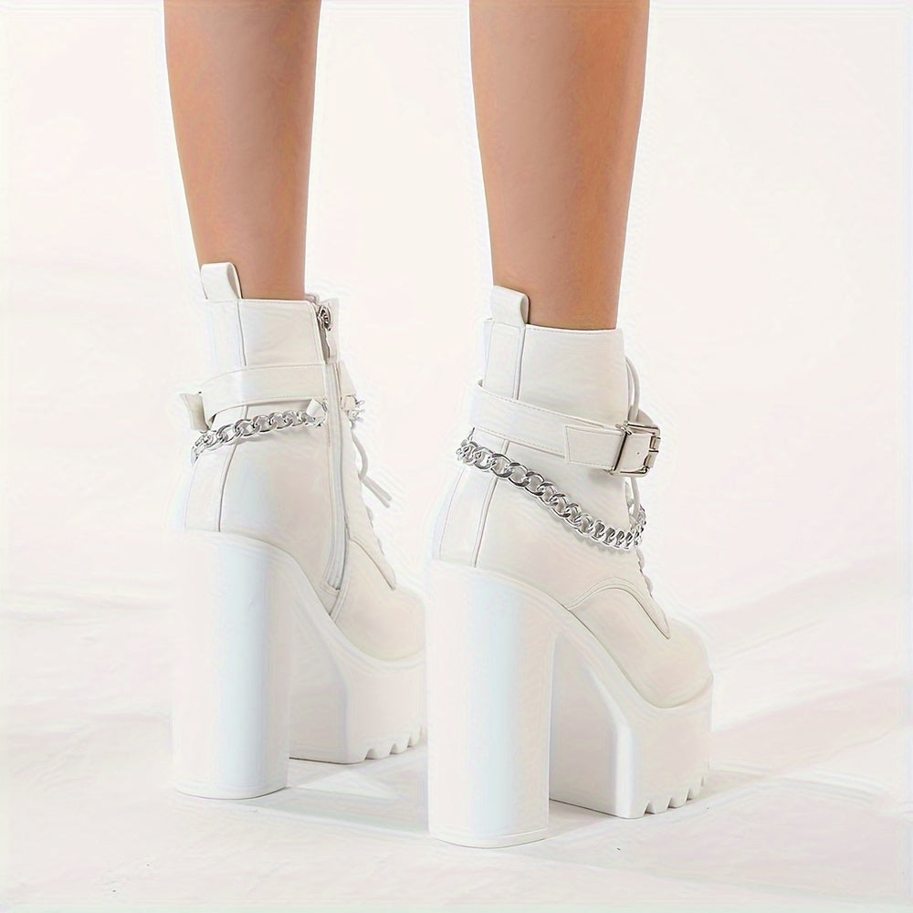 Women's Ankle Boots with Chain Decor Block Heel Lace-Up Side Zipper All-Season