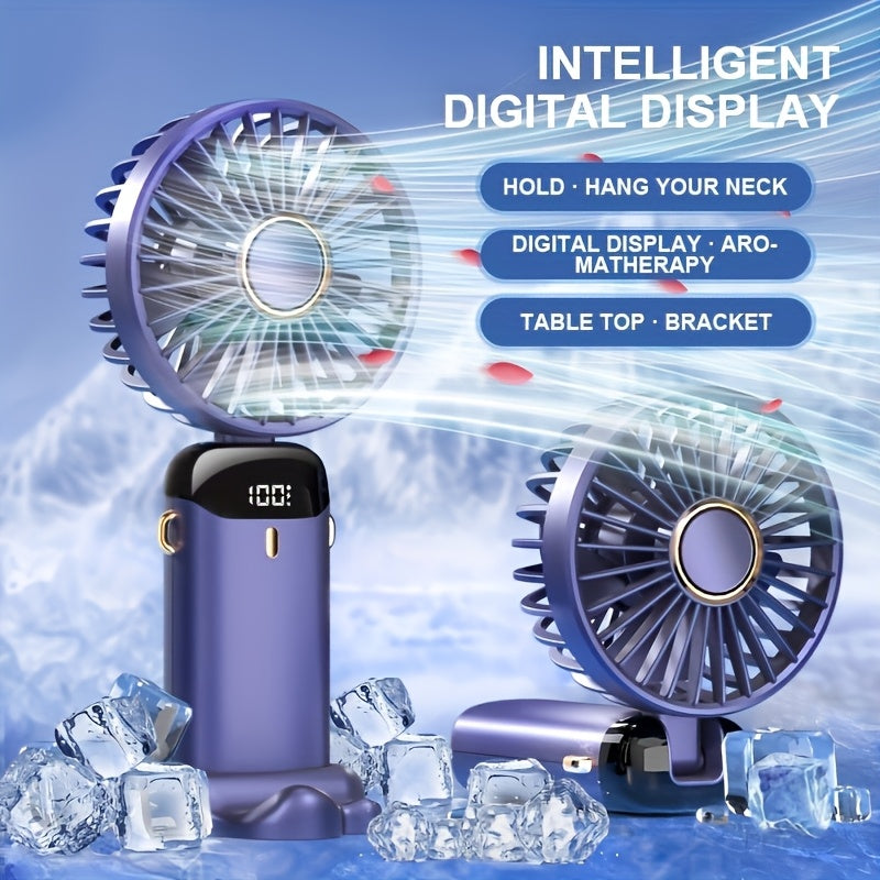 Portable Blue USB Rechargeable Fan with Digital Display and Adjustable Angle