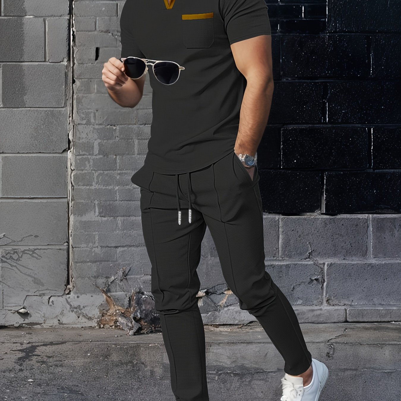 Men's Casual Set Waffle Collar Short Sleeve Top and Long Pants Solid Color Summer