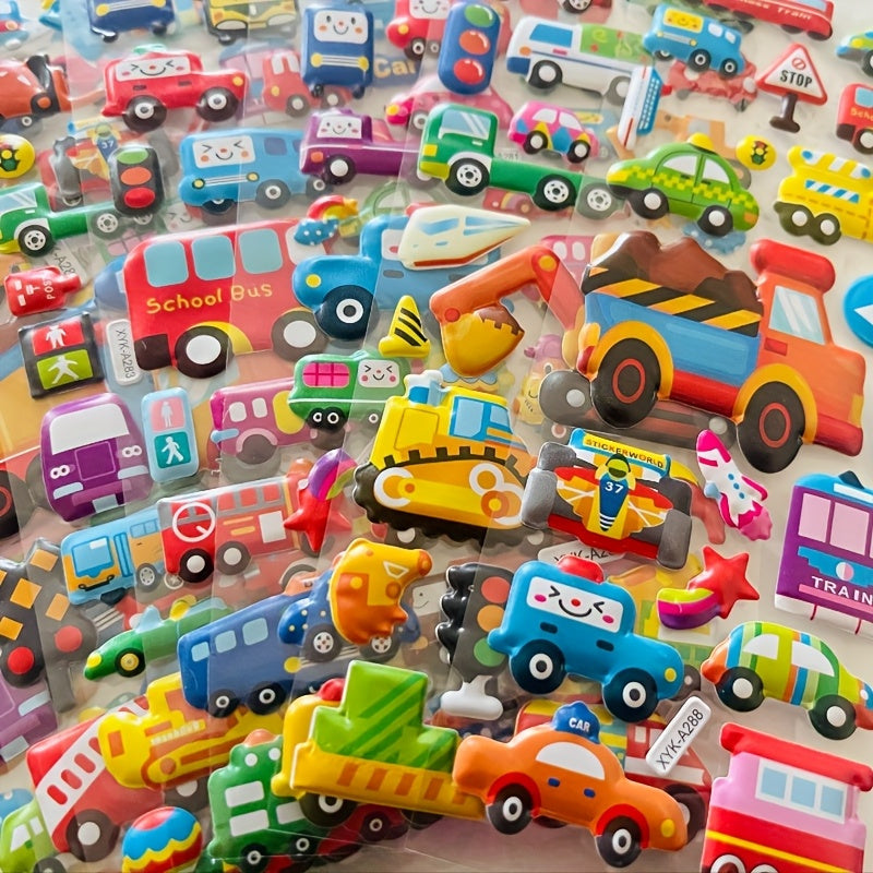 Set of 8 Cartoon Vehicle Stickers with 3D Stereoscopic Cars Fire Trucks and Excavators for Kids