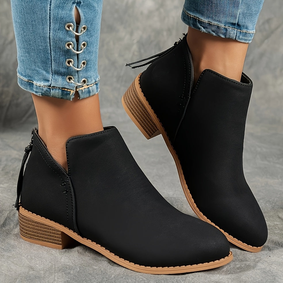 Women's Vintage Solid Color Ankle Boots Chelsea Shorties with Chunky Heel