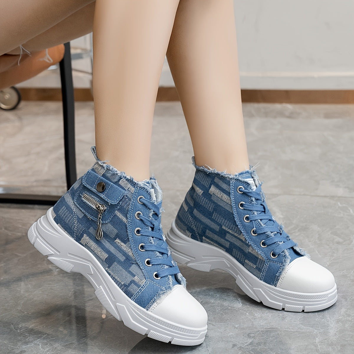 Women's Casual High-Top Sneakers with Thick PVC Sole and Breathable Denim