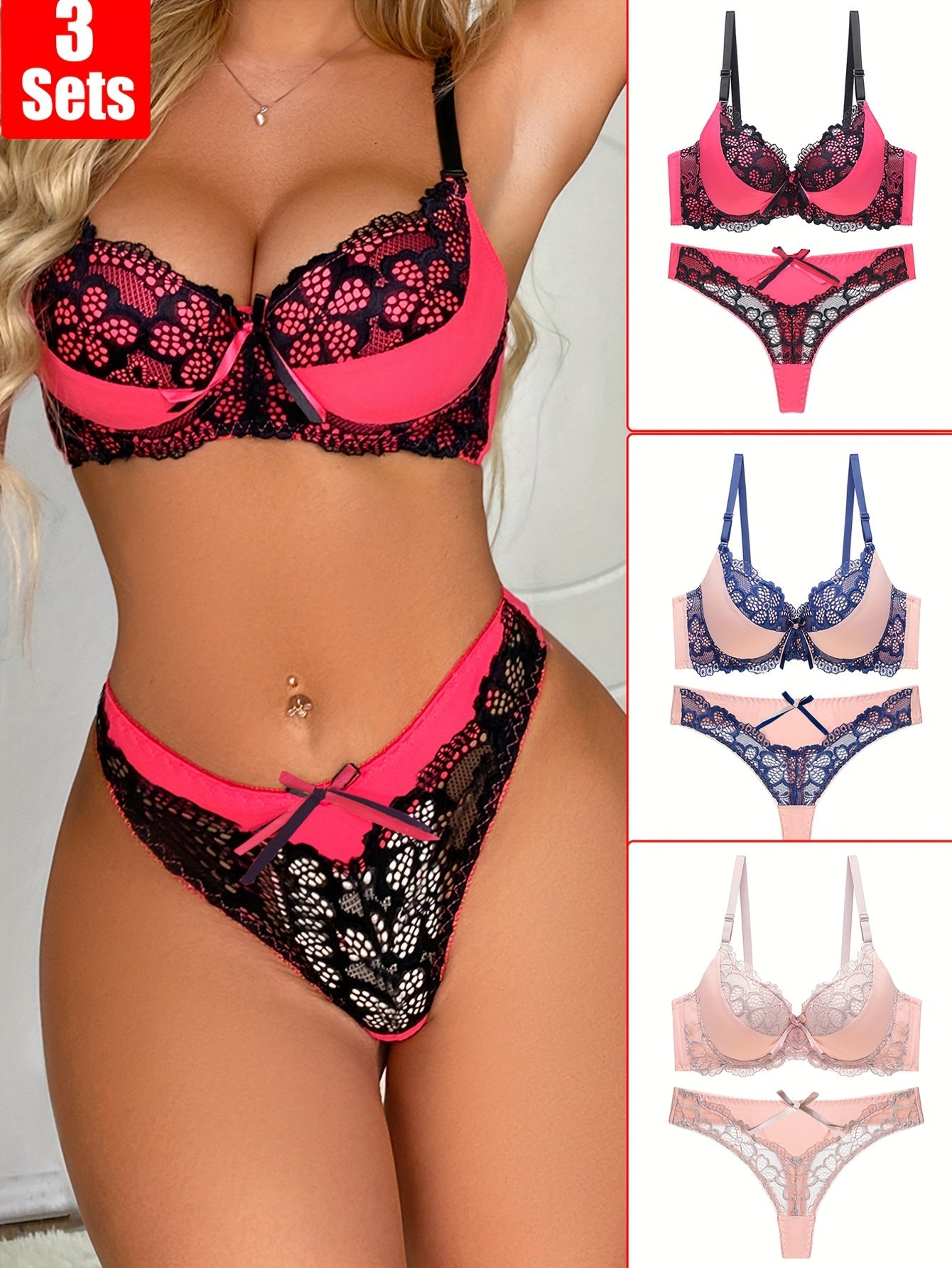Women's Lace Hollow Out Bra Set with Three Pieces Underwear