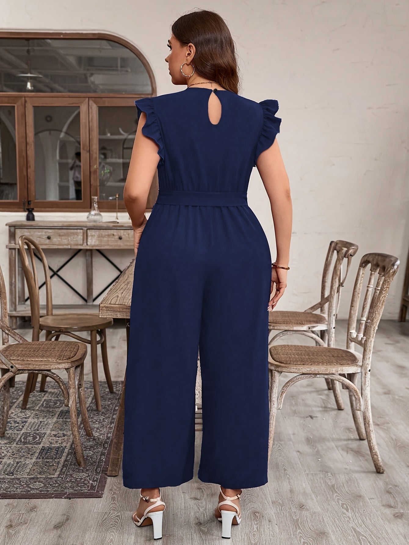 Plus Size Jumpsuit with Batwing Sleeves Waist Belt Bust 110cm Women