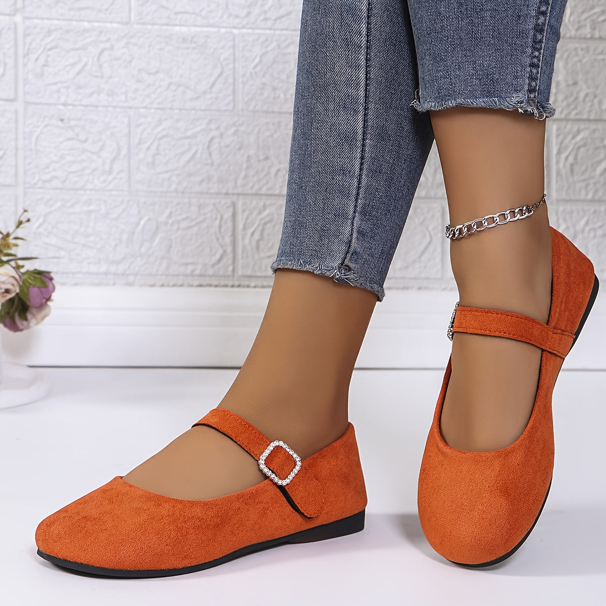 Ayollar Mary Jane tuflari, rhinestone tokchali, yashil, yengil fleece, qulay