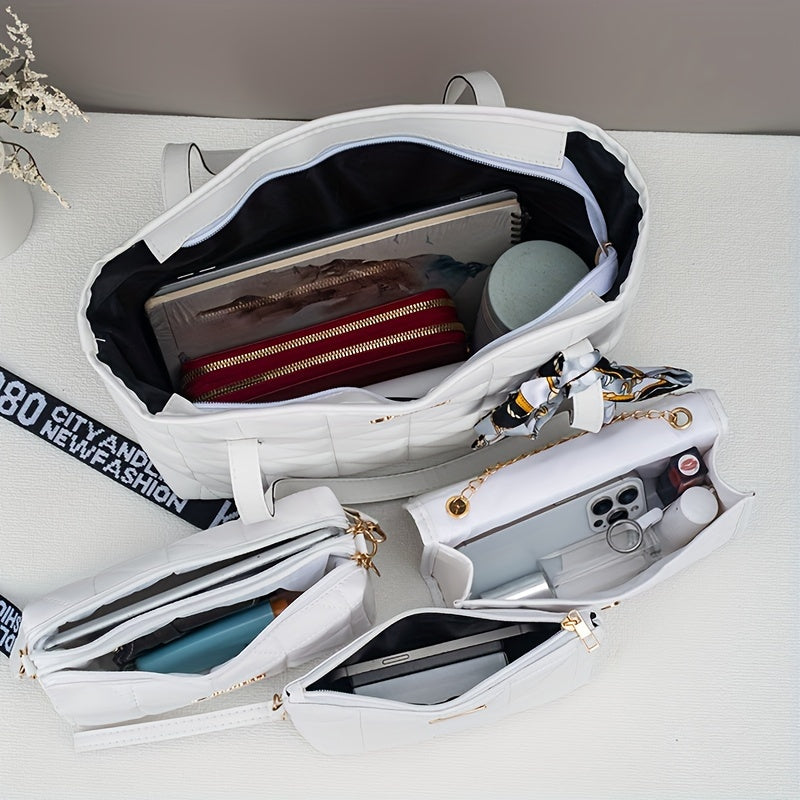 Lightweight Faux Leather Four-Piece Handbag Set with Rhombus Grid Design for Daily Use