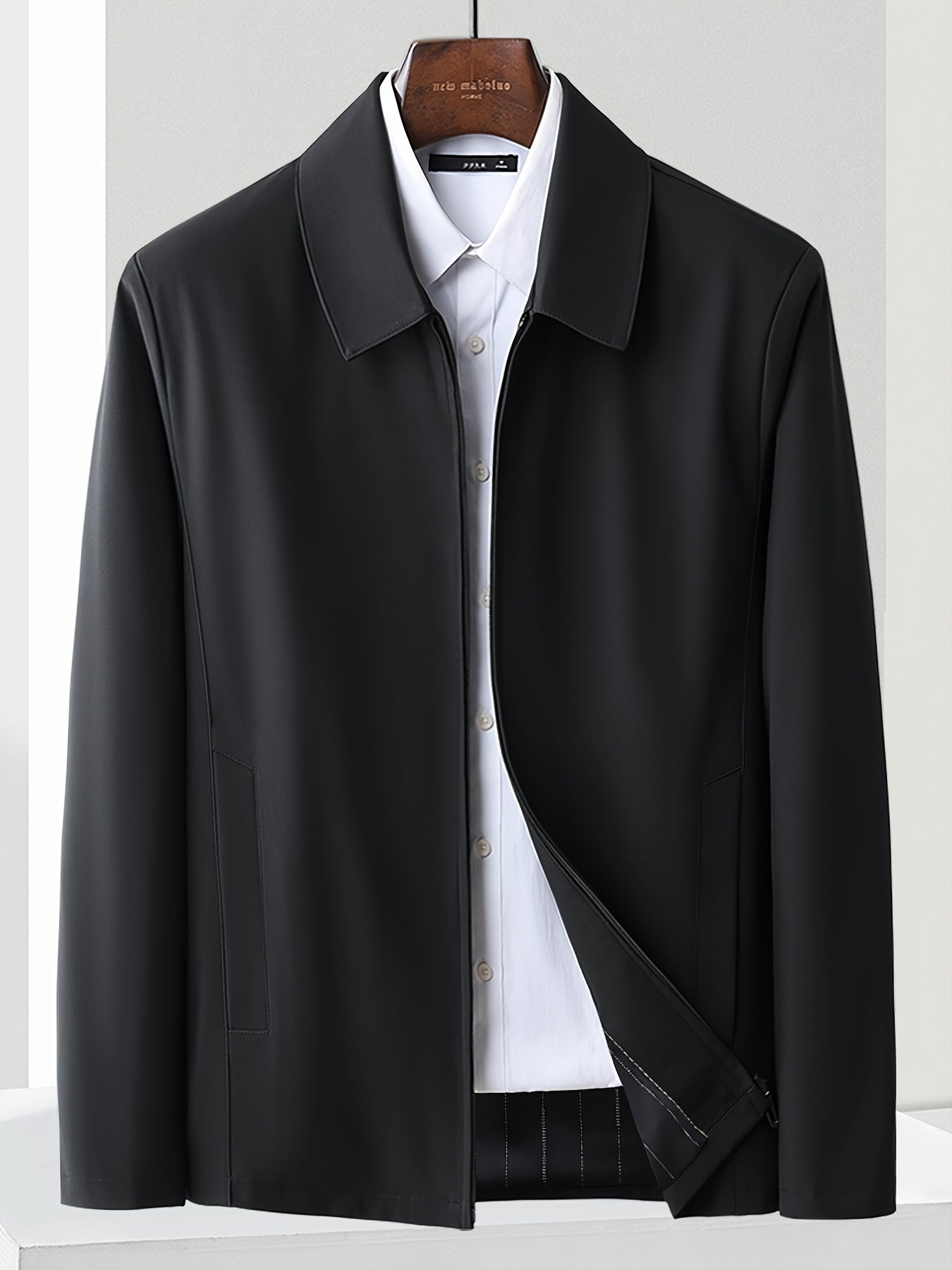 Мужская однотонная полиэстеровая куртка классического кроя с длинными рукавами, лацканами, молнией, повседневная, для всех сезонов