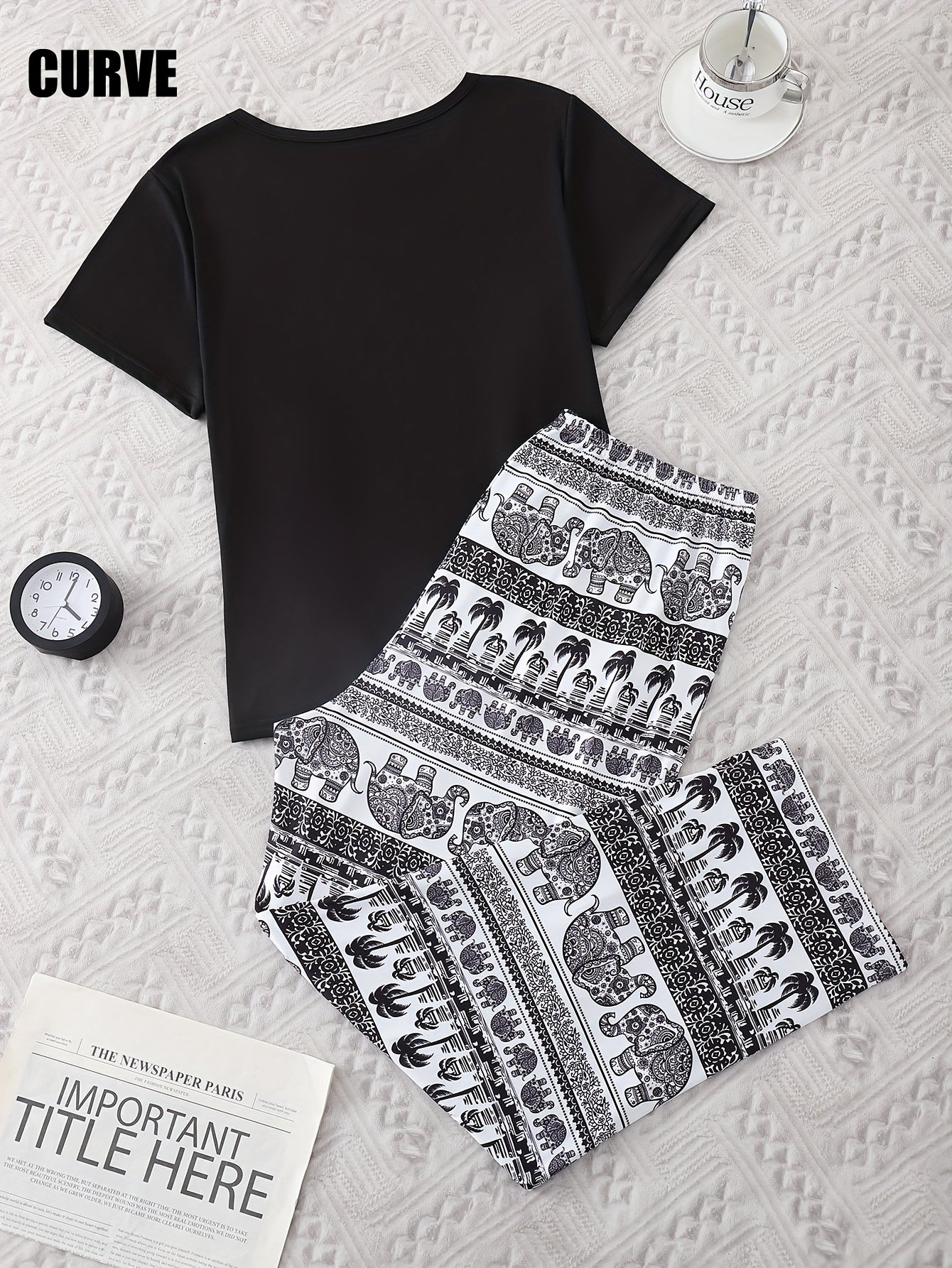 Plus Size Women's Pajama Set Polyester Knit Elephant Print Comfortable Loungewear