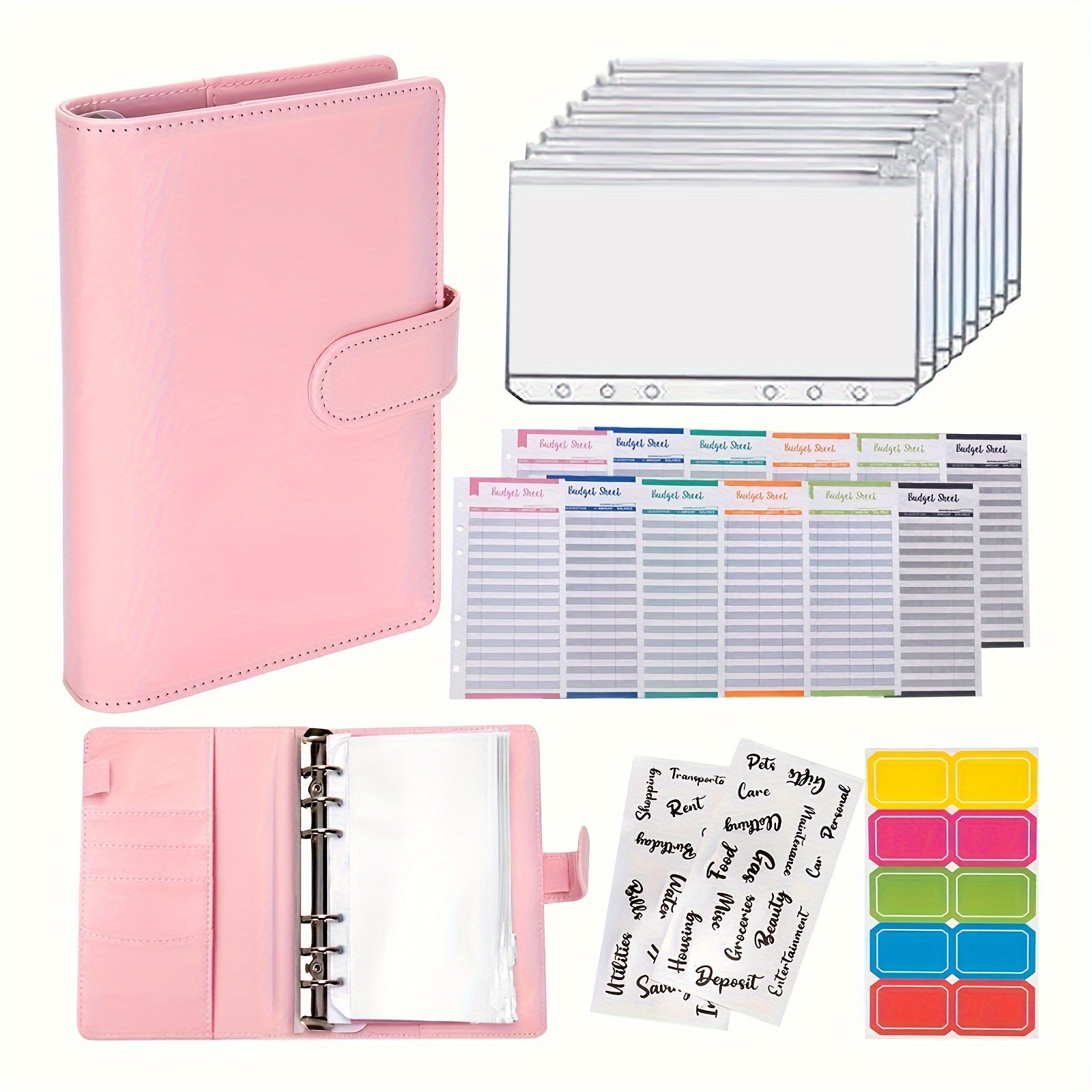 Faux Leather Budget Binder with Zipper Cash Envelopes A6 Organizer