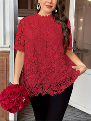 Plus Size Floral Lace Blouse Short Sleeve Solid Color Spring Summer Casual