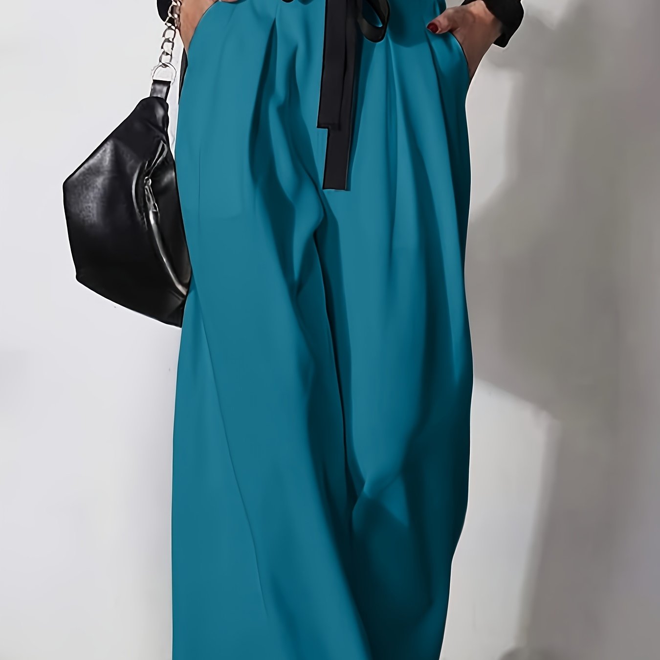 Women's Wide Leg Pants with Zipper Fly Contrast Waist Belt Solid Color Spring Fall Elegant