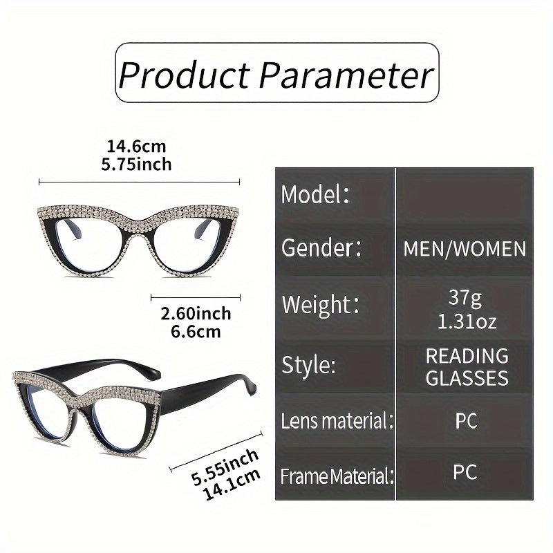 Women’s Cat Eye Reading Glasses Full Frame Blue Light Protection with Rhinestones Various Magnifications