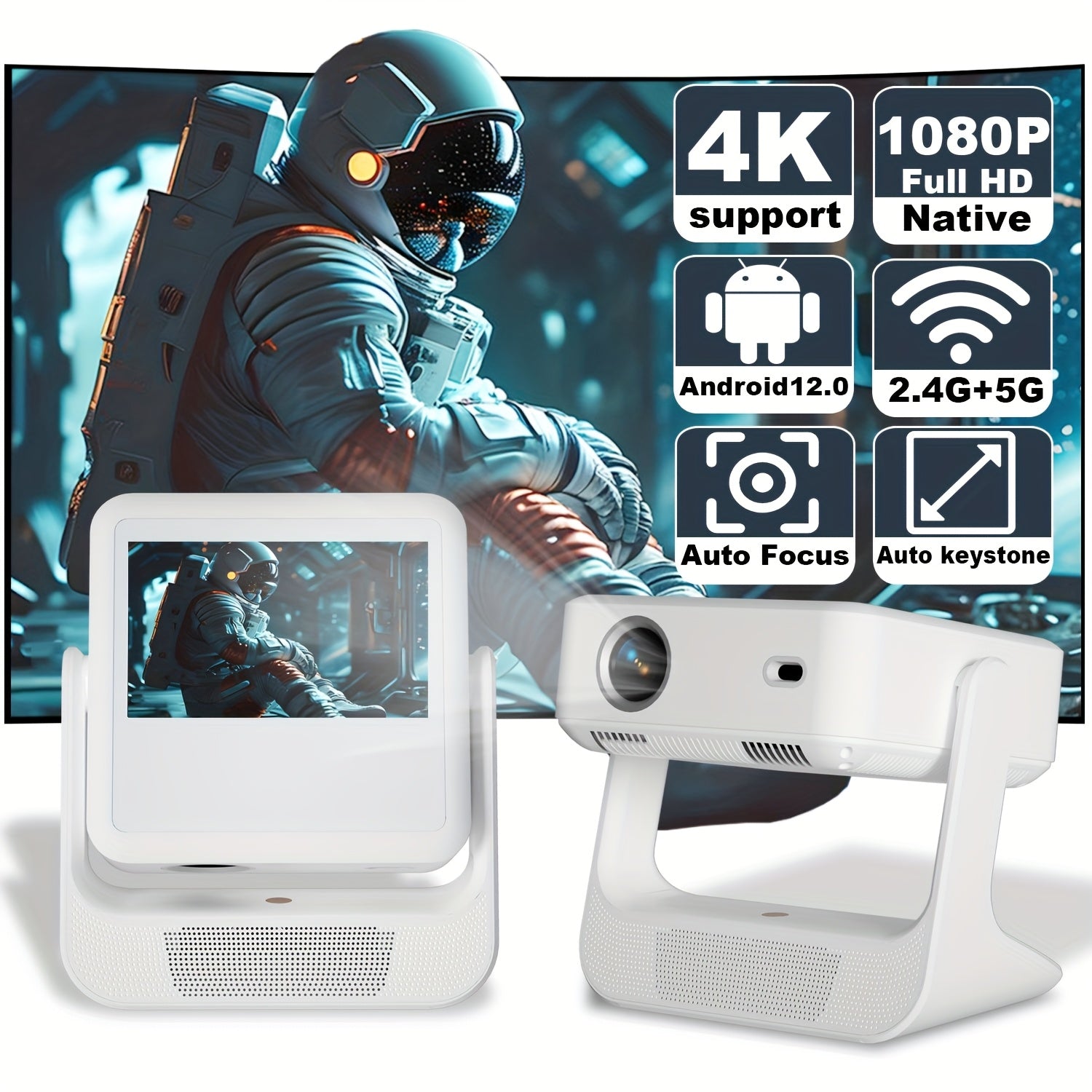 Proyector portátil de doble pantalla compatible con 1080P y 4K con Wi-Fi 6 para cine en casa