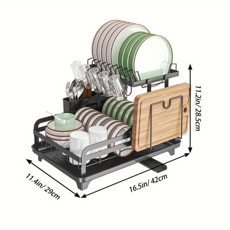 Большая металлическая двухъярусная сушилка для посуды с крылом для сушки - включает в себя слив, держатель для стакана, держатель для столовых приборов и коврик для сушки - Кухонные принадлежности для эффективной сушки и организации посуды