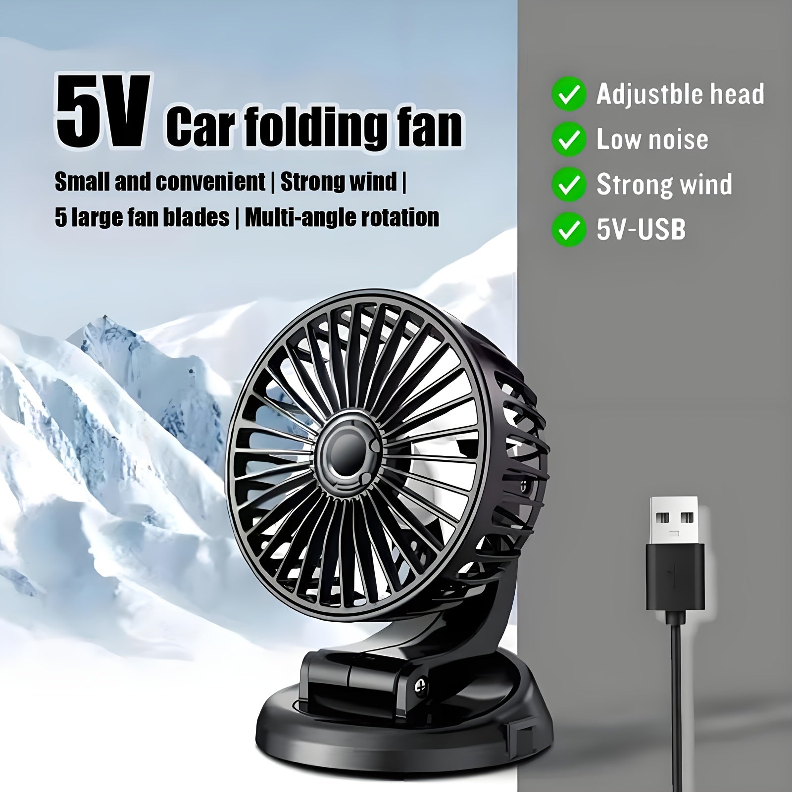 Portable Car Folding Fan with 5V USB Power Low Noise Adjustable Head Multi-Angle Rotation for RVs Trucks and Home