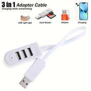 3-in-1 USB Multi-Port Adapter Cable with Data Transfer Night Light Card Reader Fan
