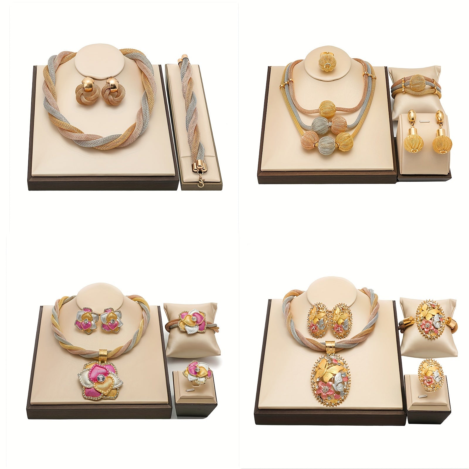 Conjunto de joyería nupcial: collar, pendientes, anillo, pulsera, cristales de imitación, aleación de zinc, accesorios de boda