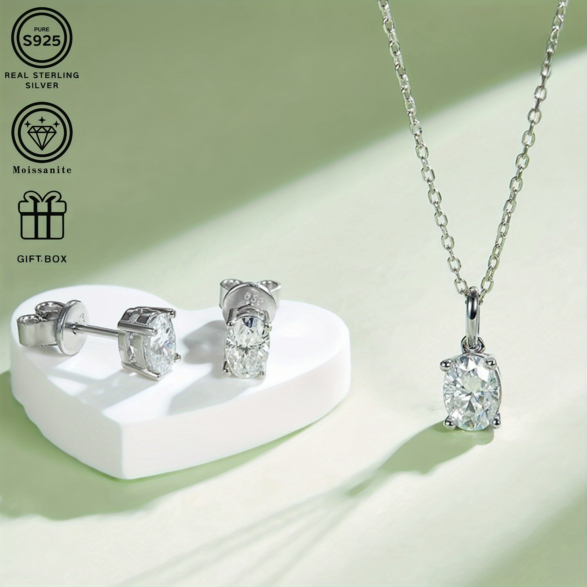 Sterling Silver Jewelry Set with Moissanite Pendant Necklace and Stud Earrings for Women